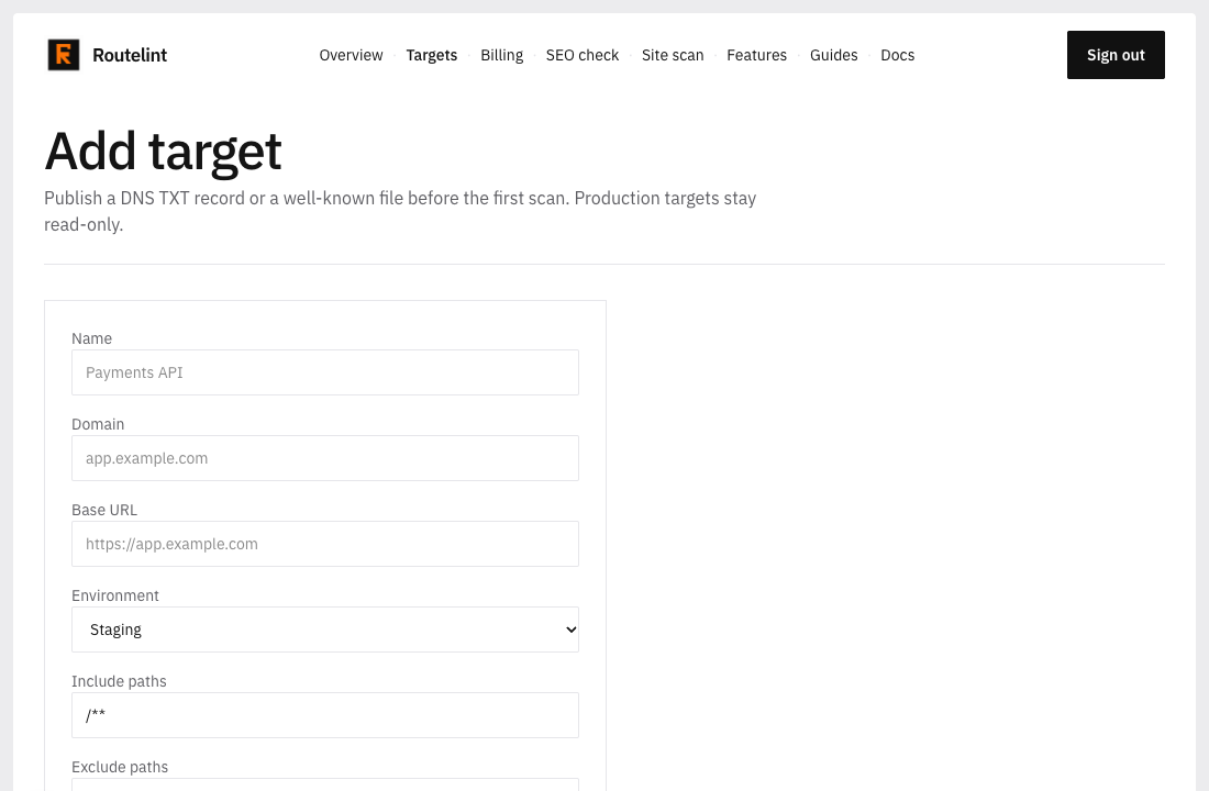 The add target form with name, domain, base URL, environment, and path fields.