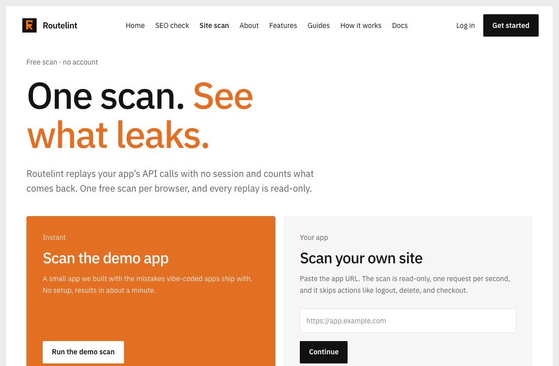 The free scan page, with the demo app and a field for your own site.