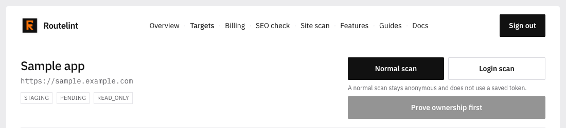 A verified-waiting target with Normal scan selected and Run scan disabled until ownership is proved.