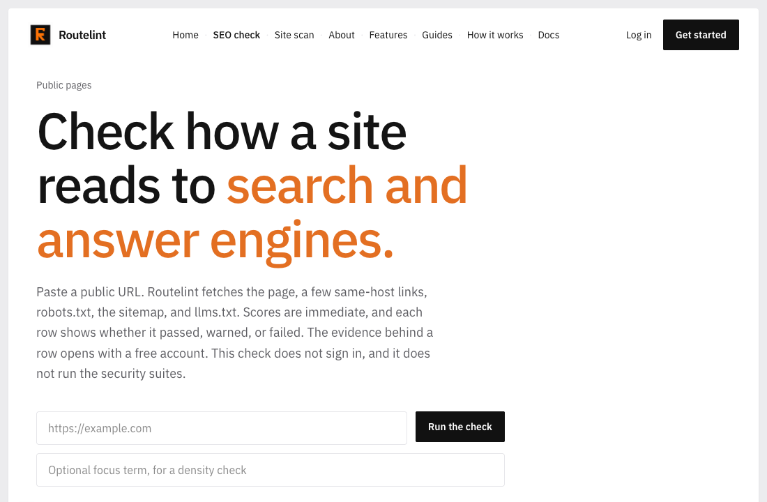 The SEO check page with a URL field and Run the check.
